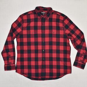 Express Men Button Down Shirt Plaid Long Sleeve Cotton Red Size 2XL Flannel